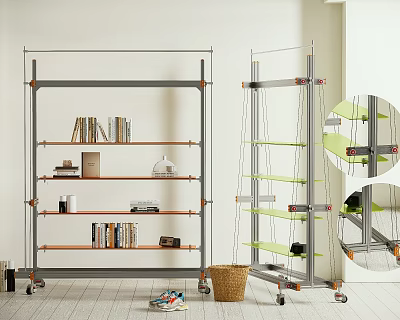 Mobile Metal Frame Shelving Unit With Wooden Shelves Rolling Casters For Books Decor Storage 3d model