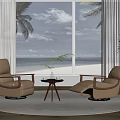 Beige Leather Single Sofa With Sea View Palm Trees White Curtains And Small Table