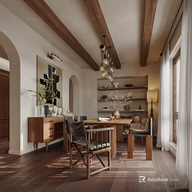 Rustic Restaurant Interior Featuring Wooden Ceiling Chandelier Dining Table And Decorative Shelves 3d model 