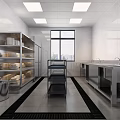 Commercial Kitchen Interior With Stainless Steel Worktables Sinks Rolling Cart And Tile Walls