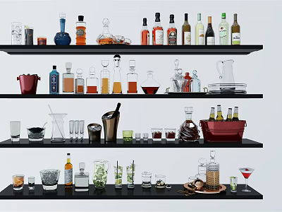 Barware Collection With Glassware Bottles Bar Tools And Cups On Shelves 3d model