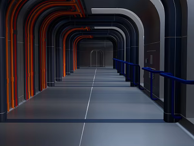 Cartoon Futuristic Corridor Scene With Curved Black Orange Pipes And Blue Railings On Gray Floor 3d model