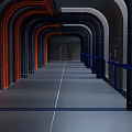 Cartoon Futuristic Corridor Scene With Curved Black Orange Pipes And Blue Railings On Gray Floor