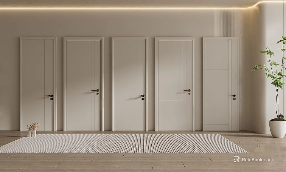 Modern Interior Featuring Multiple Hinged Doors With Metal Handles Wooden Floor And Carpet 3d model 