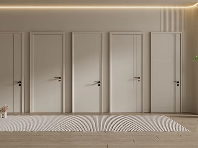 Modern Interior Featuring Multiple Hinged Doors With Metal Handles Wooden Floor And Carpet 3d model