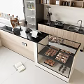 Modern Kitchen Bar Counter With Glass Display Cabinet Pastries Coffee Machine And Wooden Cabinets