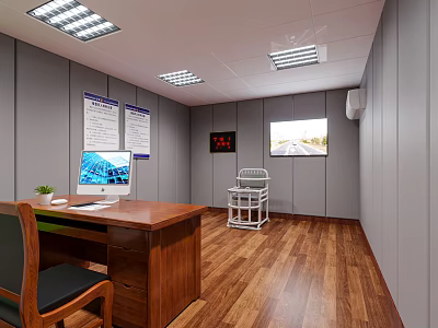 Office Corridor Interior With Wooden Flooring Desk Chair Wall Posters TV Screen And Ceiling Lights 3d model
