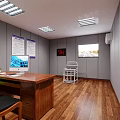 Office Corridor Interior With Wooden Flooring Desk Chair Wall Posters TV Screen And Ceiling Lights