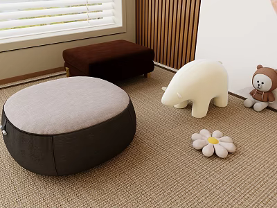 Cozy Room With Gray Round And Brown Square Ottomans Stuffed Toys And Daisy On Carpet 3d model