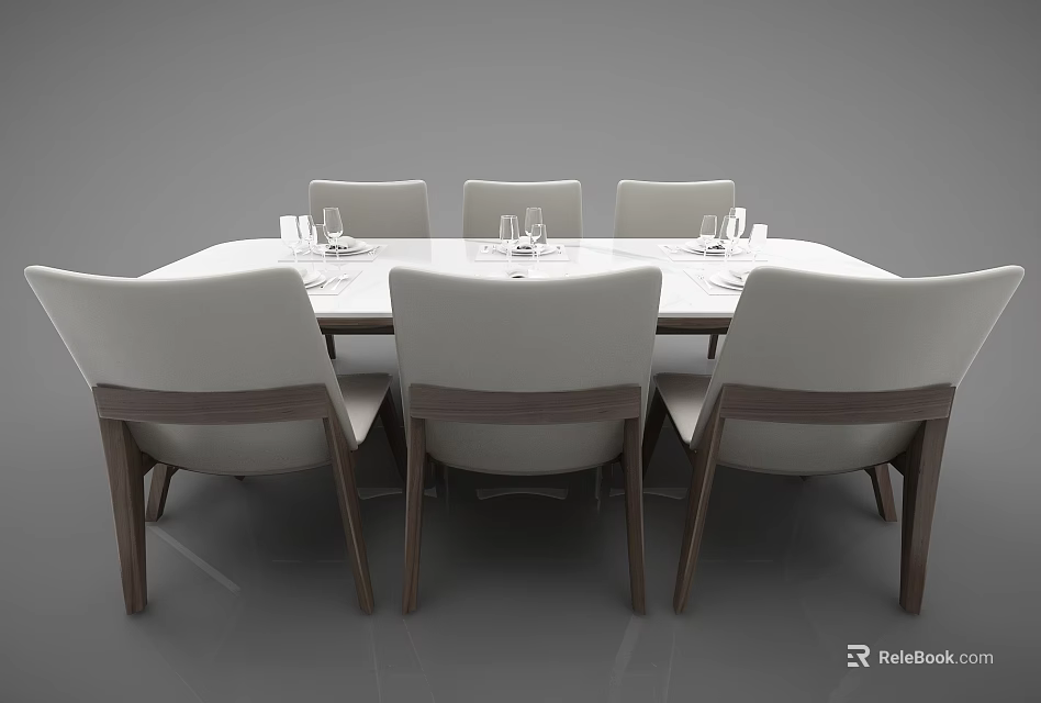 Modern Minimalist Dining Table Set With Rectangular Top Upholstered Chairs And Tableware 3d model