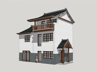 Traditional Chinese Style Two Story House With White Walls Black Tiled Roof And Wooden Balcony 3d model