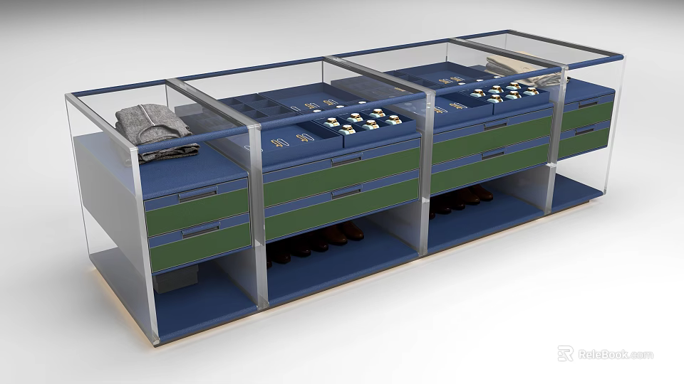 Modern Retail Display Space With Blue Countertop Green Drawer Island Cabinet And Storage 3d model 
