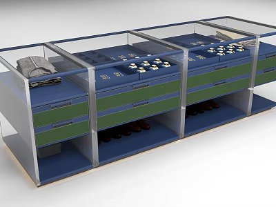 Modern Retail Display Space With Blue Countertop Green Drawer Island Cabinet And Storage 3d model