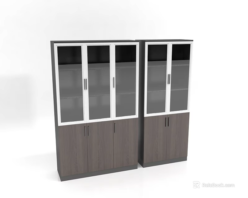 Modern Double Bookcases with Glass Doors and Wooden Storage Cabinets 3d model 