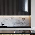 Modern Kitchen Cabinets With Black Vertical Panels Marble Backsplash And Island Lighting 3d model