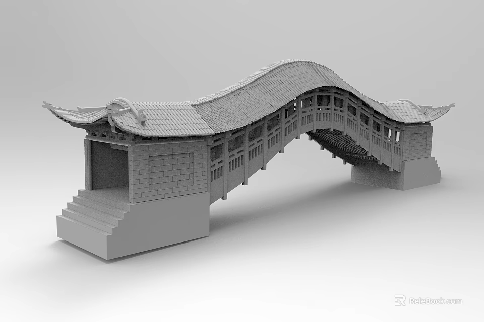 Traditional Chinese Architectural Bridge with Arched Structure Roof Eaves Steps and Railings 3d model 