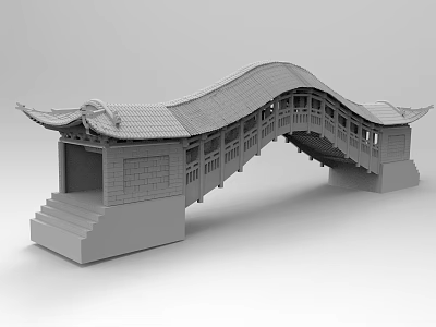Traditional Chinese Architectural Bridge with Arched Structure Roof Eaves Steps and Railings 3d model