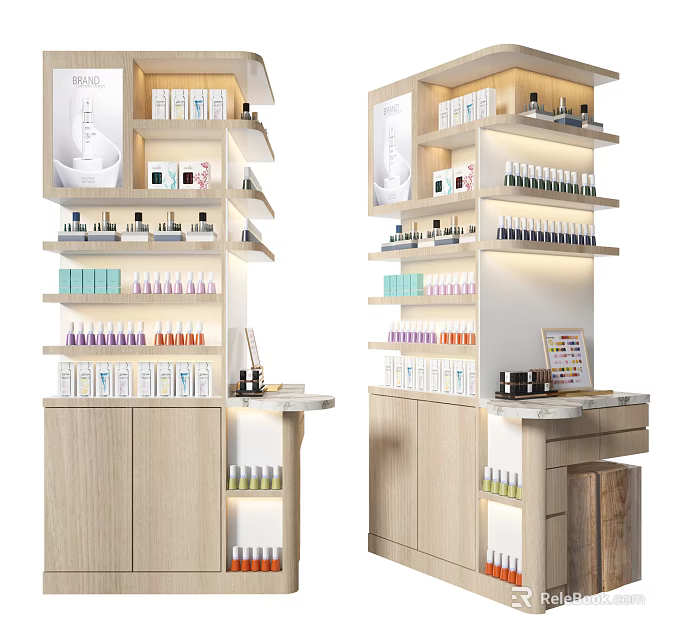Wooden Display Shelves with Multiple Layers for Skincare Products Neatly Arranged in Retail Store 3d model 