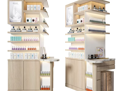 Wooden Display Shelves with Multiple Layers for Skincare Products Neatly Arranged in Retail Store 3d model
