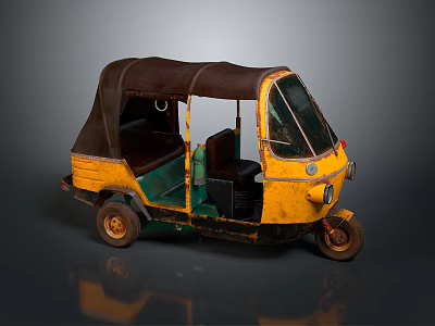 Vintage Rusty Yellow Green Tricycle With Brown Roof Open Seat And Windshield 3d model