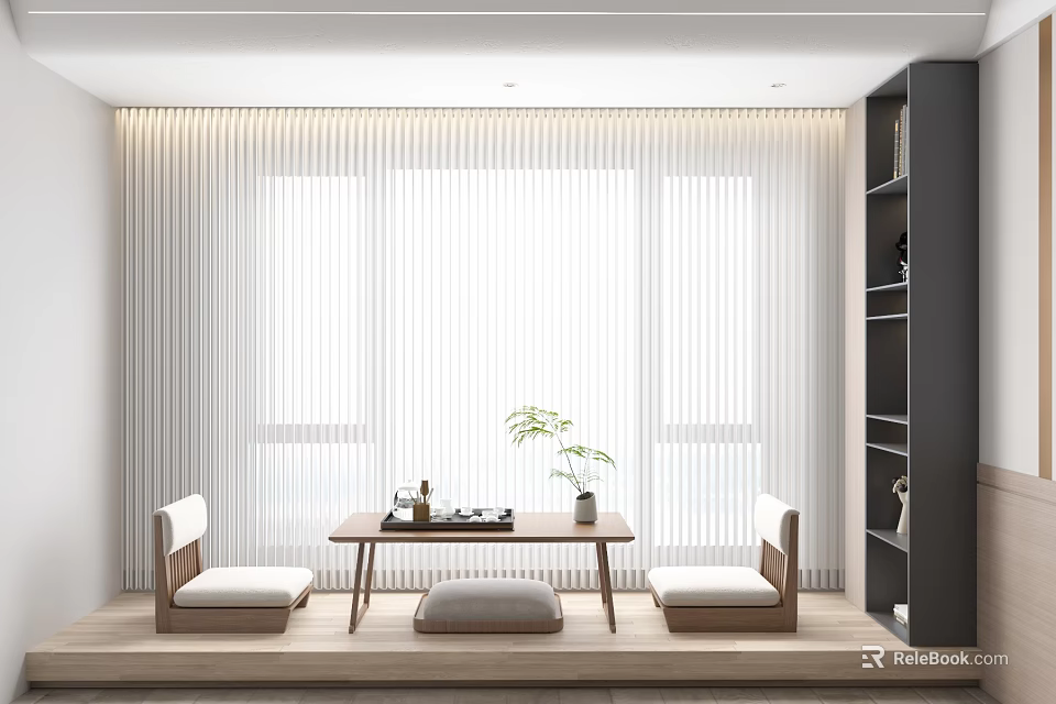 Modern Tea Room Interior Design With Wooden Table Floor Cushions Potted Plant And Window Blinds 3d model 