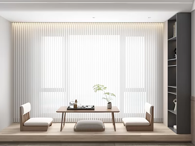 Modern Tea Room Interior Design With Wooden Table Floor Cushions Potted Plant And Window Blinds 3d model
