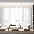 Modern Tea Room Interior Design With Wooden Table Floor Cushions Potted Plant And Window Blinds