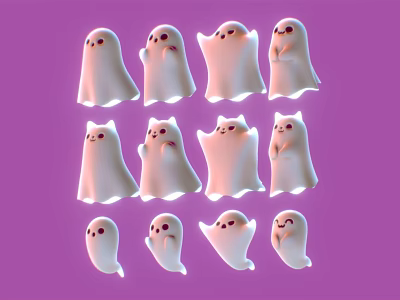 White Ghost Dolls with Different Expressions Arranged on Purple Background 3d model White Ghost Dolls with Different Expressions Arranged on Purple Background 3d model
