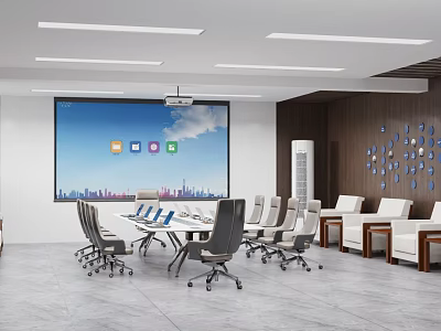 Modern Conference Room Interior With Large Screen Projector Office Chairs Ceiling Lights And Wall Decor 3d model