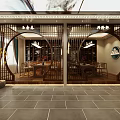 Traditional Teahouse Interior Design Featuring Circular Doorways Wooden Lattice And Wooden Tables Chairs