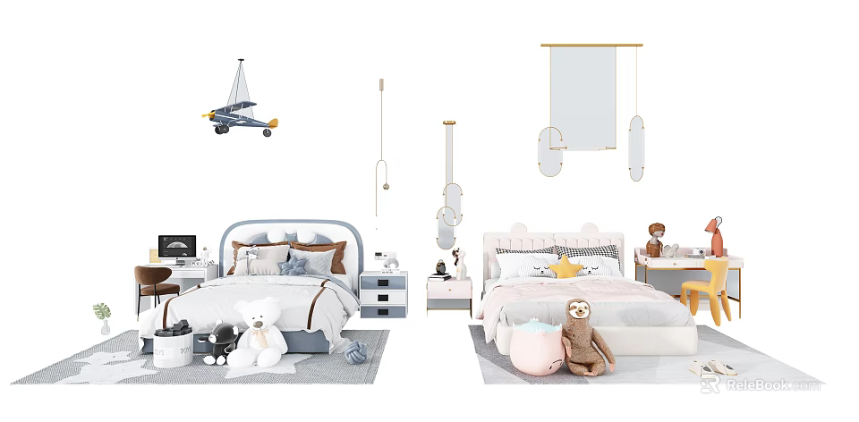 Children's Bed with Blue Gray and Pink White Decor Plush Toys and Wall Hangings 3d model 