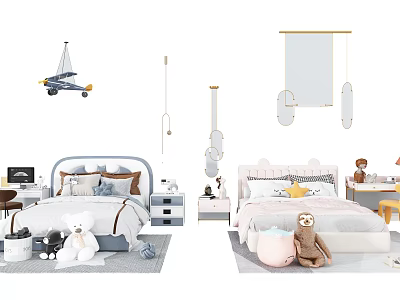 Children's Bed with Blue Gray and Pink White Decor Plush Toys and Wall Hangings 3d model