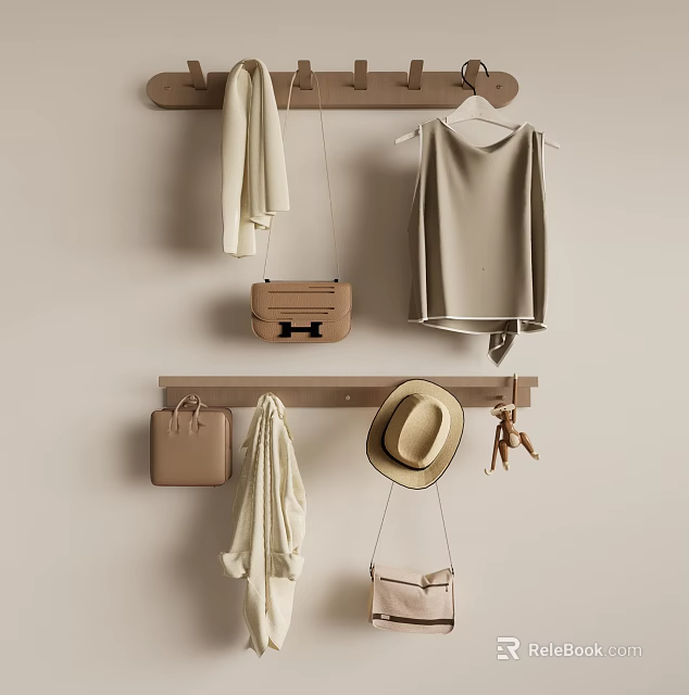 Chic Wooden Wall Hooks With Clothes Bags Hats And Accessories 3d model 
