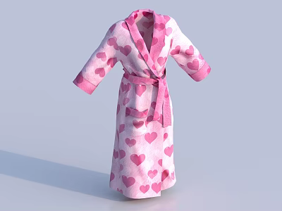 Cozy Pink And White Heart Patterned Robe With Long Sleeves And Belt Design 3d model