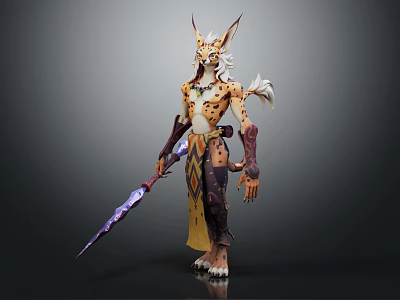 Fantasy Leopard Patterned Character With Horned Head And Sword Weapon Design 3d model