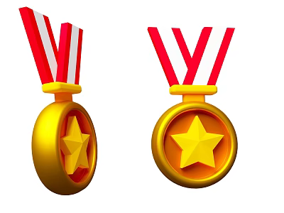 Premium Sports Equipment Featuring Gold Medals with Red and White Striped Ribbons and Star Symbols 3d model