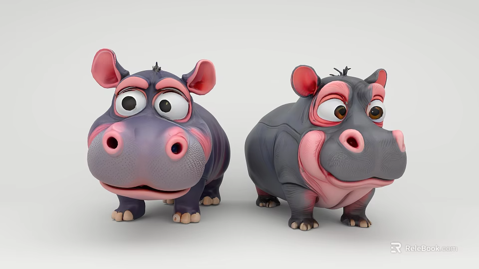 Cute Cartoon Hippo Dolls With Big Eyes Pink Ears And Gray Bodies 3d model 