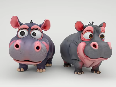Cute Cartoon Hippo Dolls With Big Eyes Pink Ears And Gray Bodies 3d model