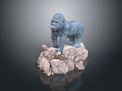 Blue Metallic Gorilla Sculpture Standing On Rocky Base With Detailed Features 3d model