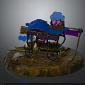 Wooden Stone Cart with Blue Canopy Purple Items and Decorative Wheels on Round Base