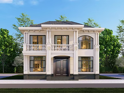 Elegant Detached Villa With White Exterior Black Roof And Balcony Surrounded By Trees 3d model