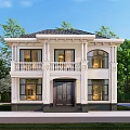 Elegant Detached Villa With White Exterior Black Roof And Balcony Surrounded By Trees