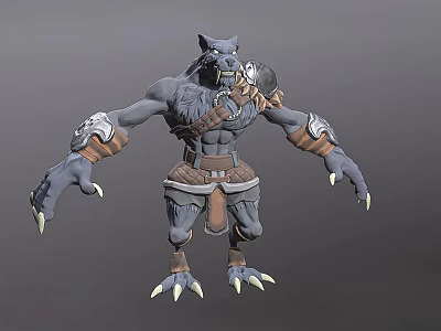 Game Film Character With Wolf Head Gray Skin Muscular Arms Sharp Claws Armored Gear 3d model