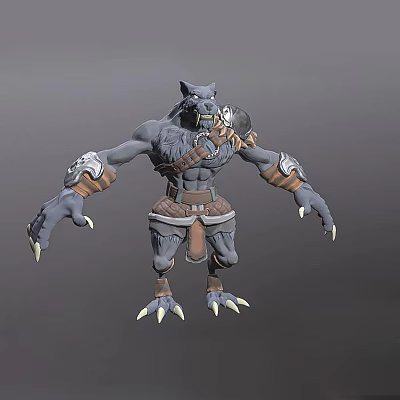 Game Film Character With Wolf Head Gray Skin Muscular Arms Sharp Claws Armored Gear 3d model