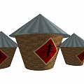 Traditional Wicker Containers With Conical Lids And Chinese Feng Character For Abundance