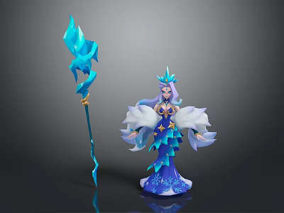 Fantasy Woman Character With Blue Feathered Dress Crown And Crystal Magic Staff 3d model