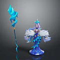 Fantasy Woman Character With Blue Feathered Dress Crown And Crystal Magic Staff