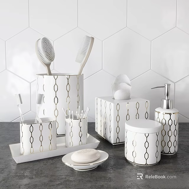 Stylish White Gold Geometric Pattern Bathroom Essentials with Toothbrushes Comb Soap Dispenser Tissue Box 3d model 