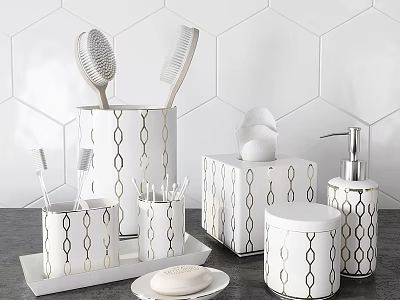 Stylish White Gold Geometric Pattern Bathroom Essentials with Toothbrushes Comb Soap Dispenser Tissue Box 3d model