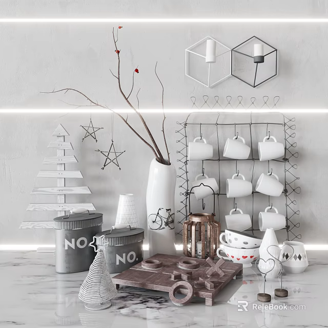 Modern Decorative Ornament Set with White Vase Geometric Candle Holders Star Ornaments and Cup Rack 3d model 